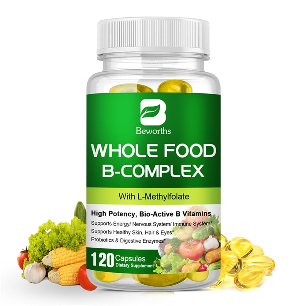 Beworths Super B Complex Vitamin - Whole Food Supplement B1, B2, B3, B5, B6, B7, B9, B12 - Support for Stress, Energy and Immune Support - 120 Capsules Sale