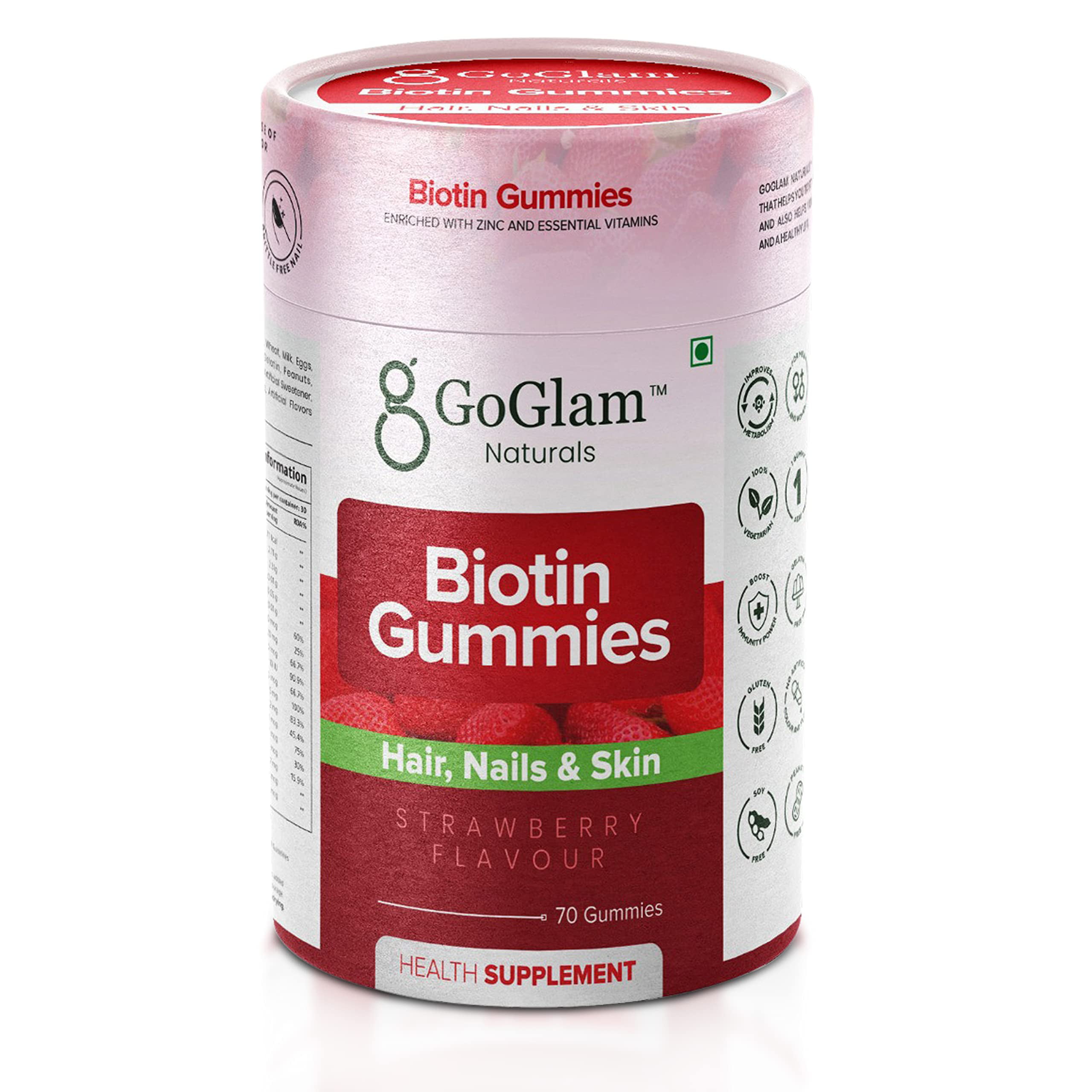 Goglam Naturals Biotin Gummies | 70 Day Pack | Hair Gummies For Women & Men | Biotin Gummies For Hair Growth, Healthy Skin & Strong Nail | Strawberry Flavour| 70 Gummies Sale